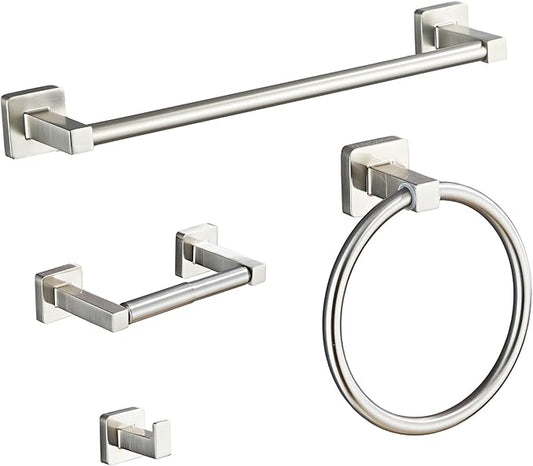 Brushed Nickel Bathroom Hardware Set 4 Pieces,Towel Bar Set Stainless Steel Wall Mounted, Includes 16In Hand Towel Bar, Towel Ring, Robe Towel Hooks,Toilet Paper Holder, Bathroom Towel Rack Set…