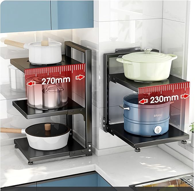 Pots and Pans Organizer for Cabinet Black Adjustable 2 Tier Pot Organizer Rack Under Sink or Floating Shelf Heavy Duty Kitchen Storage Organizers Pot Lid Organizer