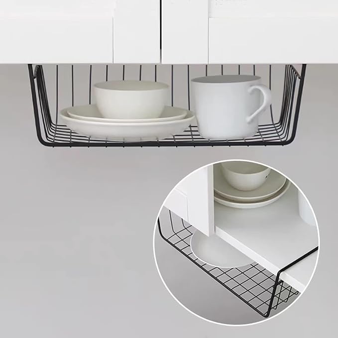 6 PACK Hanging Under Shelf Storage Basket Kitchen Cabinet Organizer Storage, Slides Under Wire Shelves for Counter Pantry Desk Bookshelf, Black