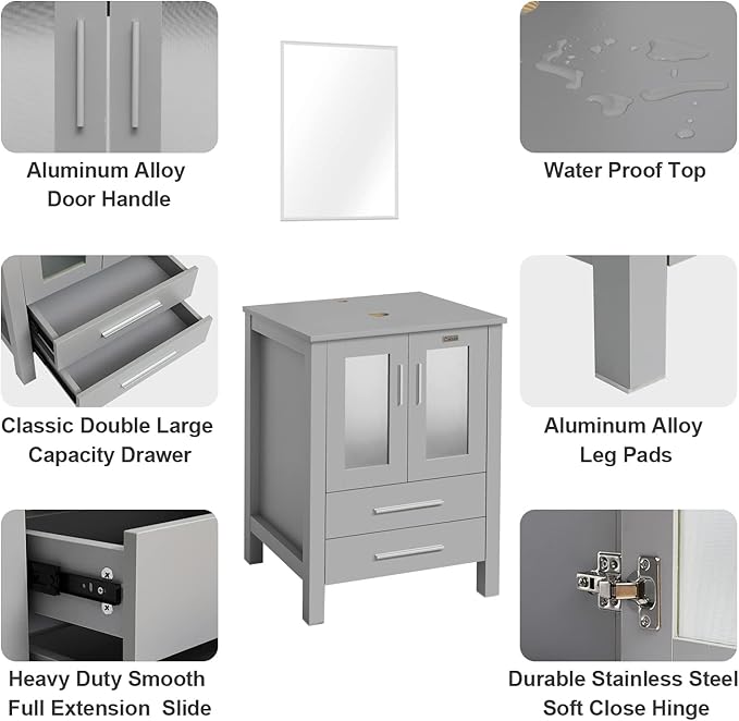 eclife 84" Modern Bathroom Vanity Sink Combo Freestanding Cabinet with Small Side Cabinet, White Curved Ceramic Vessel Sink, Water Save Faucet, Drain (Gray+T32)
