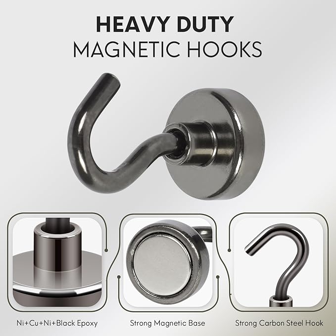 Neosmuk Magnetic Hooks,30lb Heavy Duty Earth Magnets with Hook for Refrigerator, Extra Strong Cruise Hook for Hanging, Magnetic Hanger for Cabins, Grill (Gunblack, Pack of 4)
