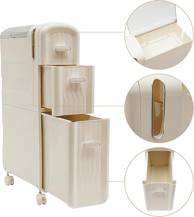 Slim Storage Cabinet, Narrow Towel Cabinet Organizer Bathroom Floor Storage Cabinet with 3 Drawers & 4 Universal Wheels, Freestanding Bathroom Storage Organizer Toilet Paper Holder and Storage