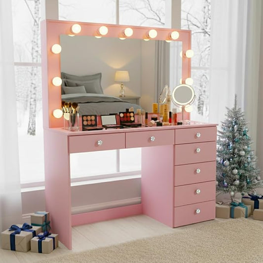 Boahaus Serena White Makeup Vanity with Mirror and 11 Lights, 7 Drawers, Glass Top, Crystal Knobs, USB-A & USB-C Ports, 110V Power Outlet, Bedroom Vanity Desk (Pink-1)