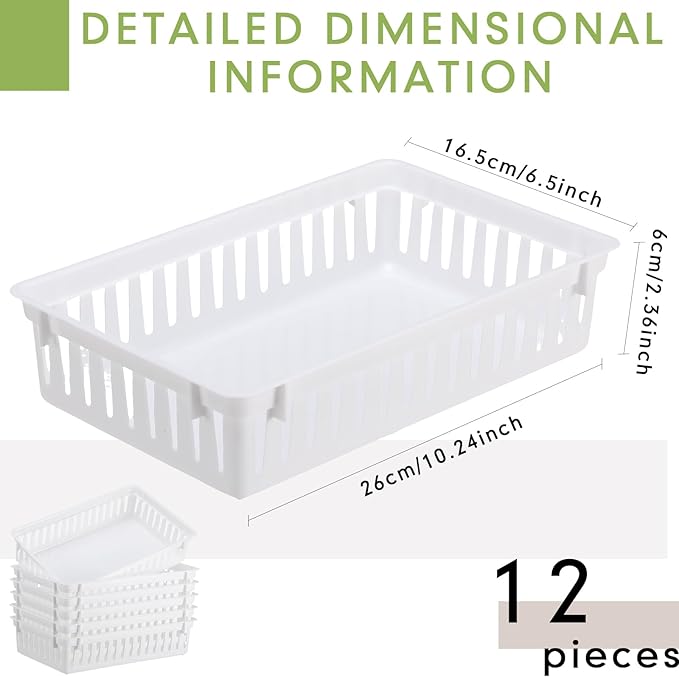 Wenqik Set of 12 Small Plastic Baskets for Organizing 10.24 x 6.5 x 2.36 Inch Pharmacy Baskets Rectangular Trays Plastic Organizer for Office Pharmacy Dorm Kitchens, Closets Shelves(White)