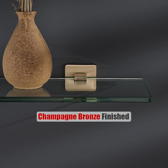 JQK Bathroom Glass Shelf, Floating Tempered Glass Shower Storage 24 by 5 inches, 304 Stainless Steel Champagne Bronze Wall Mount, TGS201L24-CB
