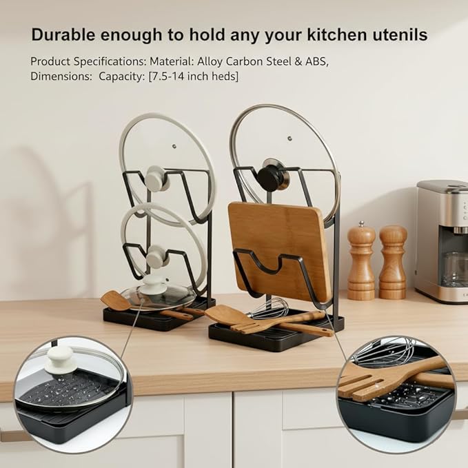 Stainless Steel Kitchen Pot Lid Storage Rack, Pot Lid Holder While Cooking, Multifunctional Pot Lid Organizer with Removable Drip Tray & Spoon Rest, Waterproof & Rustproof (Grey, 2Pack)