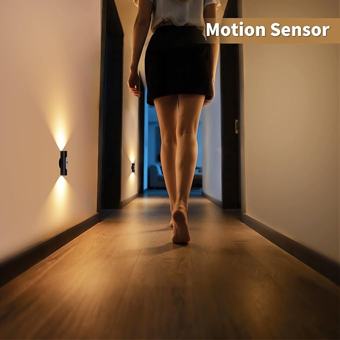 WOBSION Motion Sensor Wall Light with Remote Control, Rechargeable Wireless Wall Sconce, Brightness Adjustable, 3 Color Mode,Indoor Lamp for Hallway, Bedroom,Picture,LED,Black,2 Pack