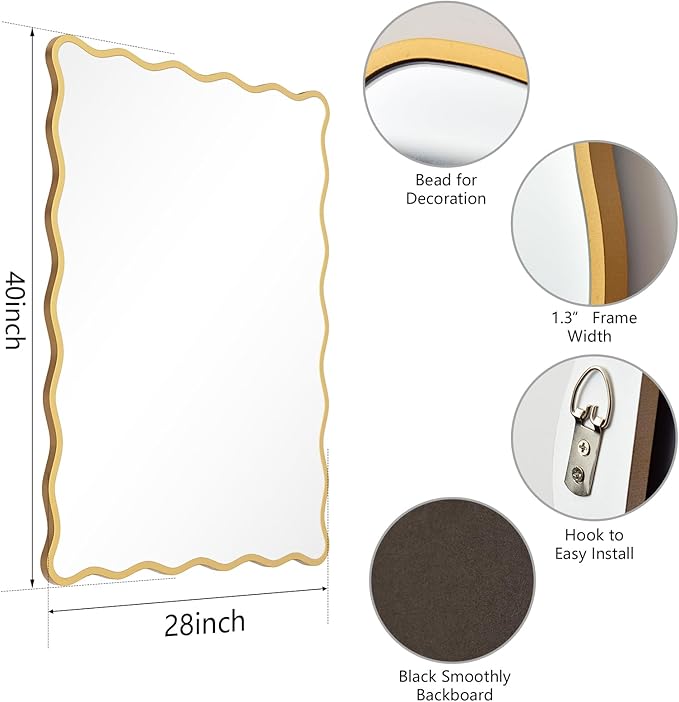 Rectangle Wavy Wall Mirror for Bathroom,28"x40" Gold Scalloped Wood Frame Vanity Mirror Decorative for Bedroom Living Room Home House Office Entryway