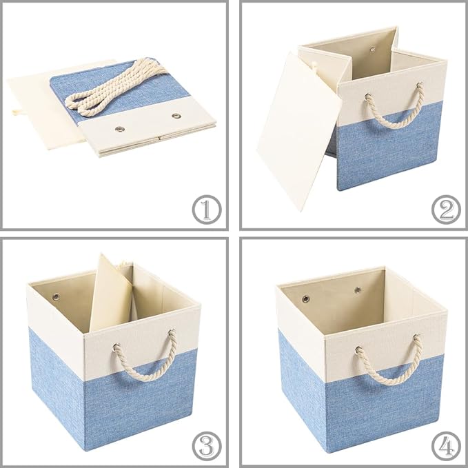 PRANDOM Large Foldable Cube Storage Bins 11x11 inch [2-Pack] Fabric Linen Storage Baskets Cubes Drawer with Cotton Handles Organizer for Shelves Nursery Closet Bedroom Beige/Blue