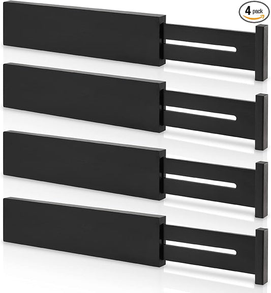 4 Pack Bamboo Kitchen Drawer Dividers 2.6" High, Adjustable from 12 Inch to 17 Inch Drawer Organizers, Expandable Drawer Separators for Clothes, Bedroom, Dresser, Office (Black)
