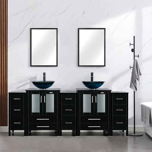 eclife 84" Modern Bathroom Vanity Sink Combo Freestanding Cabinet with Small Side Cabinet, Turquoise Square Glass Vessel Sink, Water Save Faucet, Drain (Black+A10)