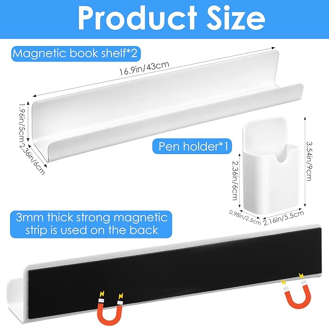 3 Pcs Magnetic Book Shelf for Whiteboard, Heavy-Duty Acrylic Magnetic Book Holder with 8 lbs Capacity, Versatile White Board Shelf for Classroom Office Kitchen Refrigerator Organization (White)