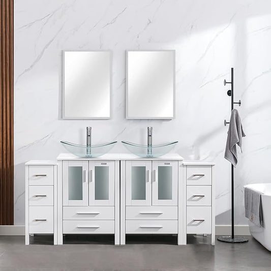 eclife 72" Modern Bathroom Vanity Sink Combo Freestanding Cabinet with Small Side Cabinet, Clear Boat Glass Vessel Sink, Water Save Faucet, Drain (White+A29TT)