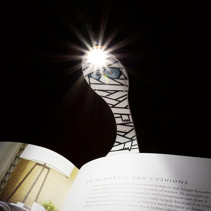 Gifts for Readers & Writers Book Light, Clip On Reading Light for Bed, 2in1 Flexilight & Bookmark, Small & Lightweight with a Soft Glow, 2 Batteries Included, Mummy