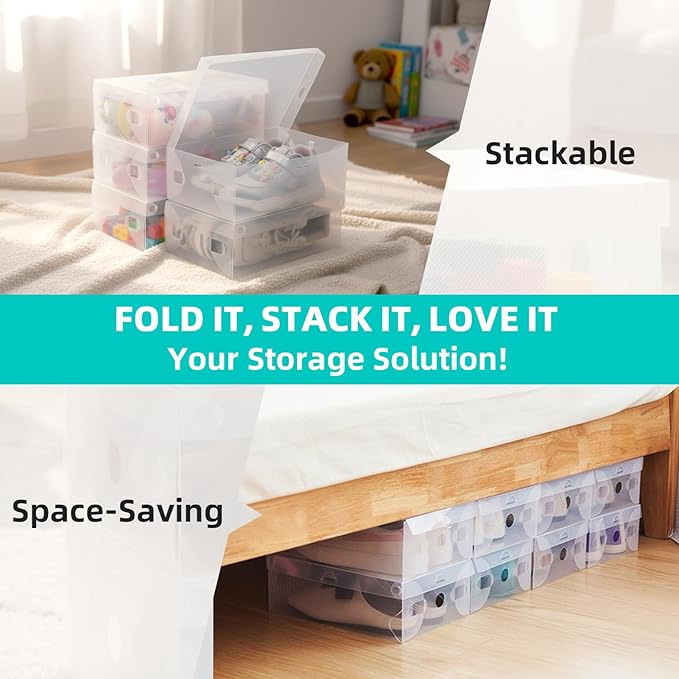 kilofly 15 Kids Women Smart Storage Containers Foldable Clear Shoe Box Set