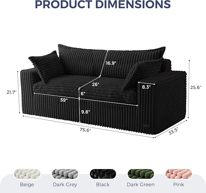 MAXYOYO 76" Bean Bag Sofa Couch, Loveseat Boneless Couch in a Box, Upholstered Small Mini Sofa for Living Room Bedroom Office Apartment, No Assembly, Black