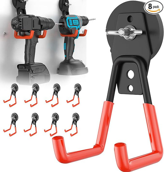 8Pcs Large Strong Magnetic Hooks Heavy Duty Garage Big Magnet Hooks Extra Strength Magnetic Utility Storage Hook Hanger with Anti Slip Coating for Garden Indoor Outdoor Hanging Tools Orange