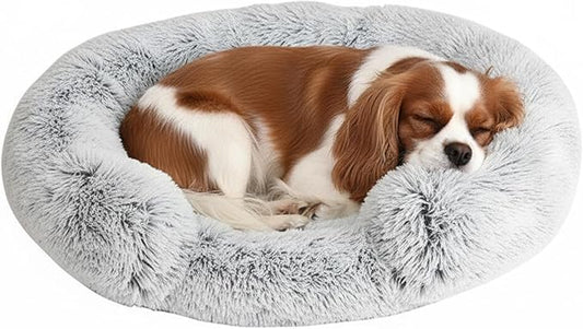 Fluffy Dog Bed Calming Donut Beds for Large Dogs Warming Round Small Medium Pet Nest Cozy Cat Mattress Indoor Washable Puppy Kennel Kittens Sleep Mat (M, 27.5×27.5 inch, Light Gray)