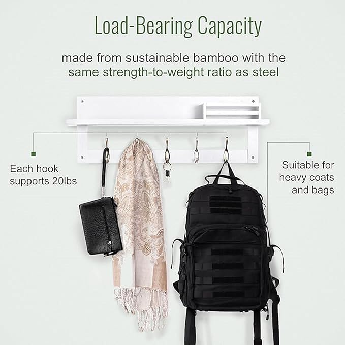 Wall Hooks with Shelf, 29.25 inch Coat Rack Wall Mount with Mail Organizer Box, Wooden Hat Rack with 5 Hooks, Coat Hanger and Key Holder for Wall, Classic White