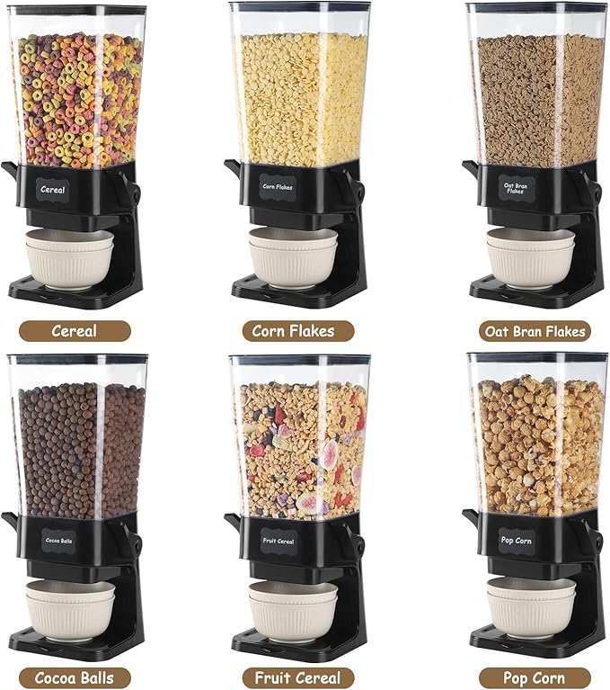 Cereal Dispenser Countertop with Cereal Bowls,16 Labels & Pen, Cereal Containers Storage, Candy Dispenser, Dry Food Dispenser For Pantry - Not Easy to Crush Food (Black, 2 Pack)