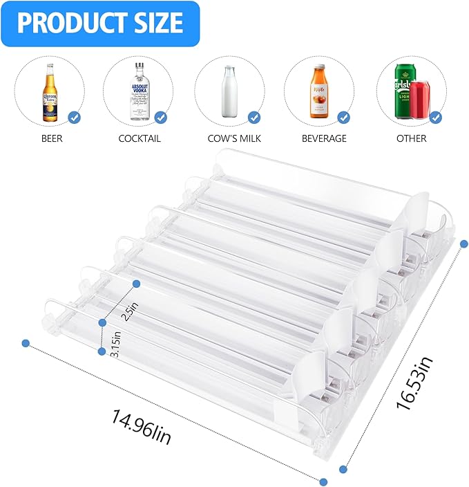 SOLY Drink Organizer for Fridge,Fridge Drink Dispenser for Fridge Automatic Pusher Glide,For Refrigerator Organizing Holds up to 14.96" D, Adjustable for 6-20oz