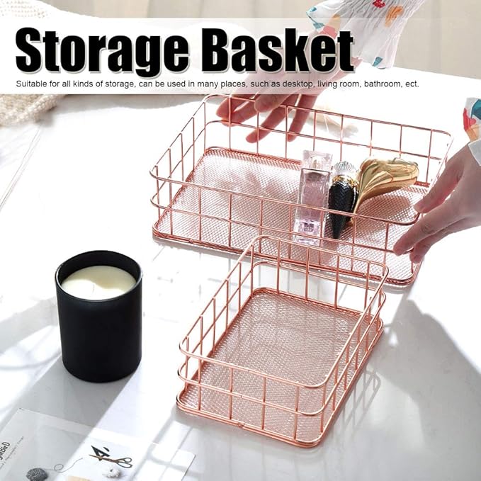 plplaaoo 2PCS Nordic Simple Rose Gold Wrought Iron Storage Basket Desktop Organizer Container Household Storage Organizer for Living Room Bathroom Office Durable Iron Material Stylish Decor (L)