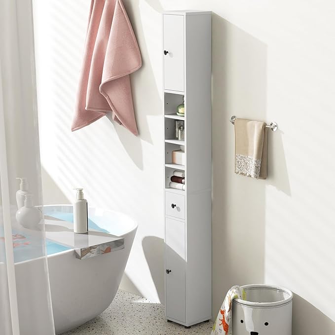 Tangkula Tall Slim Bathroom Storage Cabinet, 71" Freestanding Bathroom Cabinet w/ 2 Doors, 1 Drawer & 5 Adjustable Shelves, Floor Narrow Tower Cabinet for Small Spaces, 8" x 8" x 71" (White)
