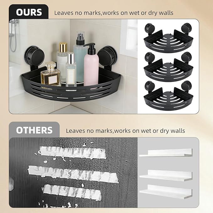 2026 New Corner Shower Shelf Suction Cup Shower Caddy, No Drilling Bathroom Storage Rack, Corners Organizer Storage Rack Adhesive with Towel Bar (Black three-layer)