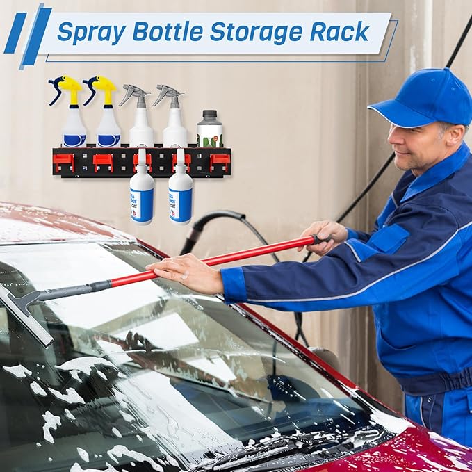 2 Sets Wall-Mounted Spray Bottle Storage Rack,Universal Holder with Car Cleaning Brush Kits & Removable Hooks,Hanging Rail Accessory Display,Auto Detailing Tools Hanger & Bottle Organizer for Garage