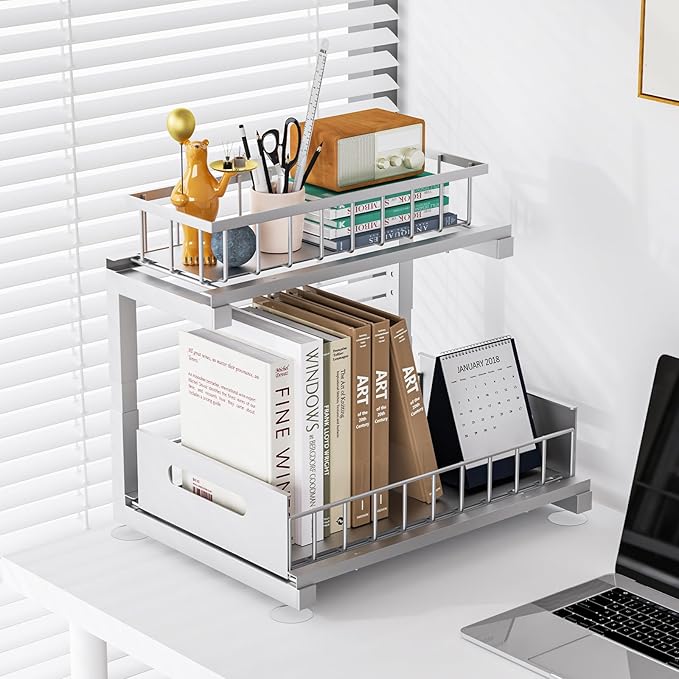 Under Sink Organizer, Heavy Duty Meta Slide Out Sink Shelf Organizer Height Adjustable, Multi-Purpose Storage Shelf for Kitchen Bathroom (Silver,2Pack)