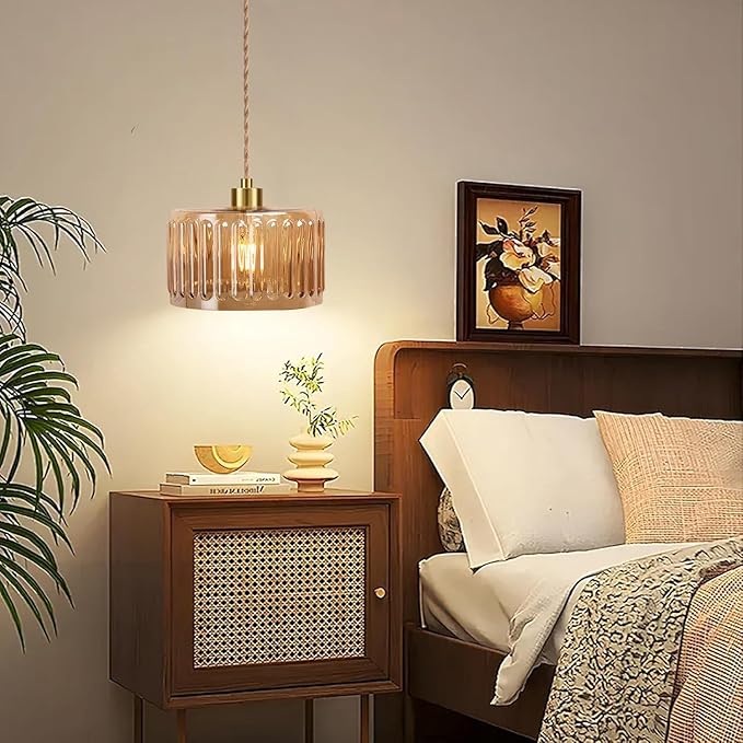 Plug in Pendant Light Hanging Lights with in Cord Mid Century Modern Gold Hanging Lamp Flower Glass Amber Vintage Dimmable Chandelier Ceiling Fixture for Living Room,Kitchen,Boho