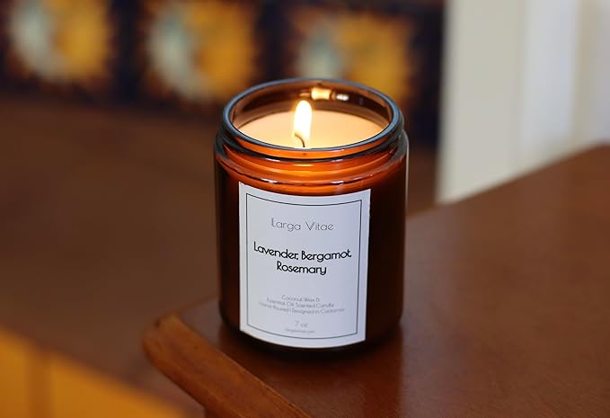 Lavender, Bergamot, Rosemary Coconut Wax Candle Non Toxic Aromatherapy Candle with Essential & Prime Rated Natural Fragrance Oils, Clean Burning Amber Jar Candle, 7 oz Small Batch