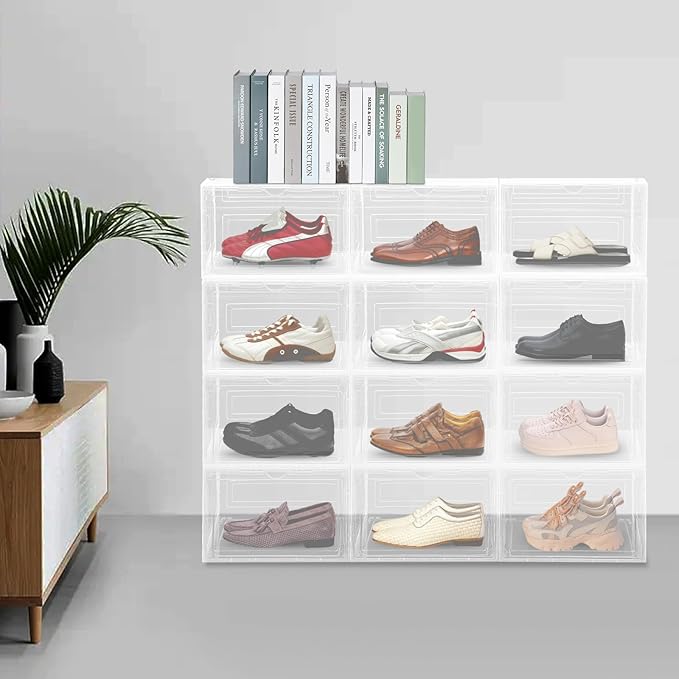 12 Pack Stackable Shoe Box,Semi-Transparent Plastic Sneaker Box,Free Standing Shoe Containers,Acrylic Shoe Display Case,Sneaker Storage,for Shoes,Clothes, Purses,13.39 * 10.63 * 8.66in (Clear)