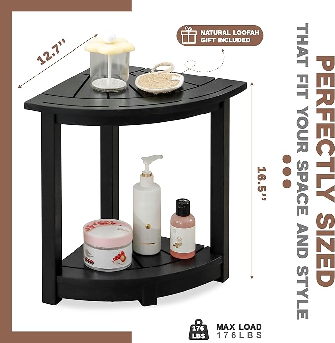 Acacia Corner Shower Stool, Waterproof Spa Foot Rest & Bath Bench with Storage Shelf & Soap Dish, Ideal for Bathroom, Shaving Legs, or as Small Corner Table/Step Stool (Black)