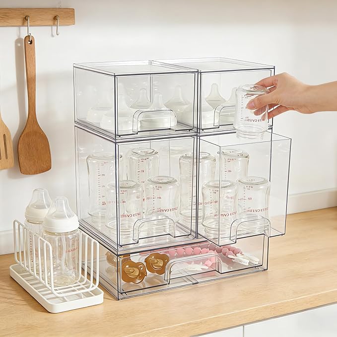 Baby Bottle Organizer, 5 Pack Clear Space-Saving Stackable Drawer with Handle, Baby Bottle Storage Organizer for Countertop and Cabinet