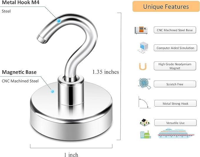 Neosmuk Magnetic Hooks, Heavy Duty Earth Magnets with Hook for Refrigerator, Extra Strong Cruise Hook for Hanging, Magnetic Hanger for Curtain, Grill(Silver White,4 Pack)