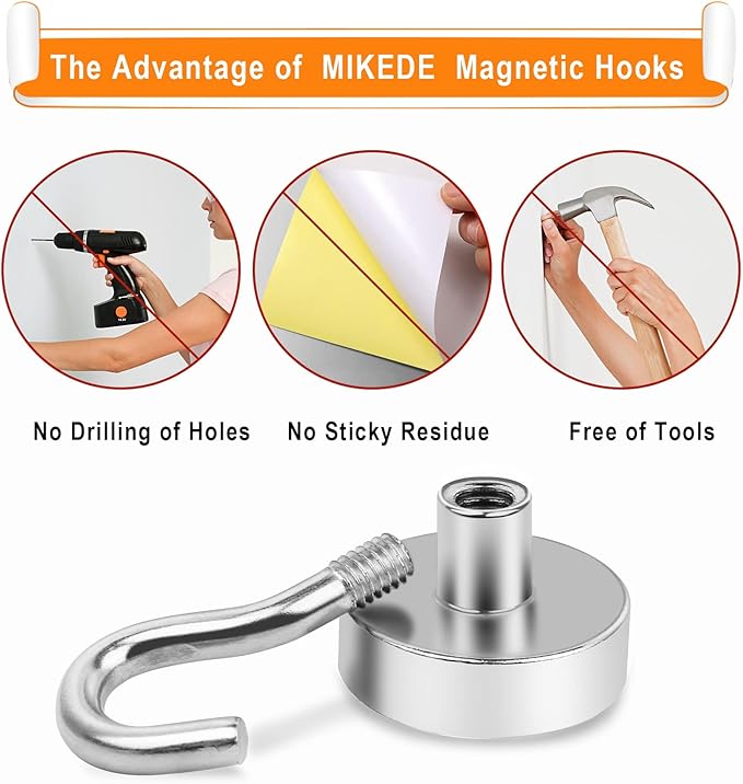 MIKEDE N52 Magnetic Hooks for Cruise Cabins, 30Lbs High Power Magnetic Hooks Heavy Duty, Strong Magnets with Hooks for Hanging, Magnetic Hanger Cruise Hooks for Kitchen, Garage, Pack of 6