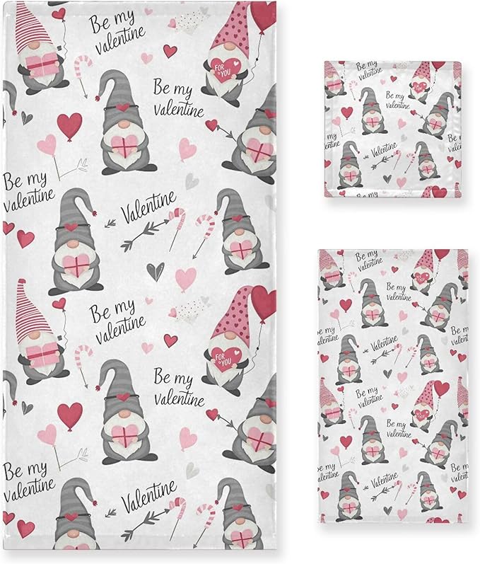 Cute Gnomes Hearts Pink Towels Set of 3 Romantic Romantic Love Spring White Bathroom Towel Soft Absorbent Bath Hand Towels Washcloth Guest Towel Sets Mother Valentine Decorations