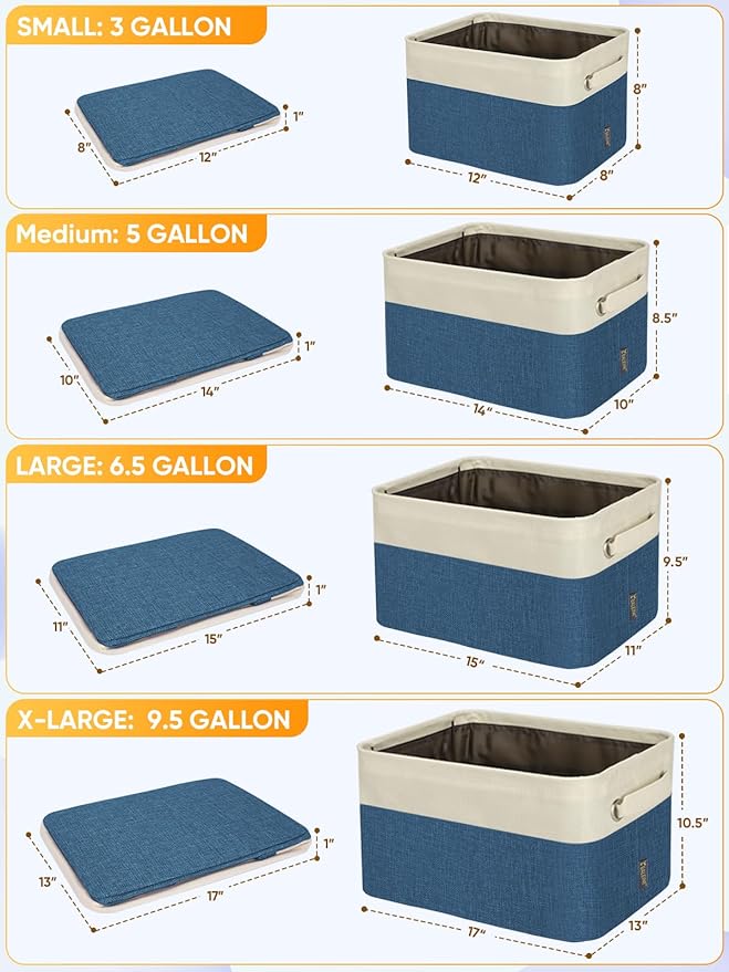 BALEINE 3 Pack Fabric Closet Storage Bins for Shelves, Linen Closet Organizers and Storage, Decorative Baskets for Organizing, Shelf, Clothes, Home, Office (Navy Blue, 14''x10''x8.5'')
