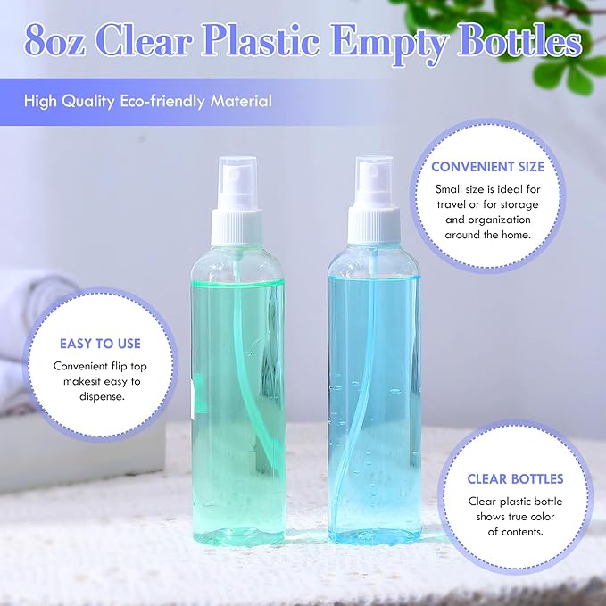 Eccliy 64 Pcs 8 oz Spray Bottles Fine Mist Cleaning Bottles Clear Empty Plastic Travel Sprayer Refillable Sprayer with Cap for Cleaning Solutions Oils Travel Perfumes(White)