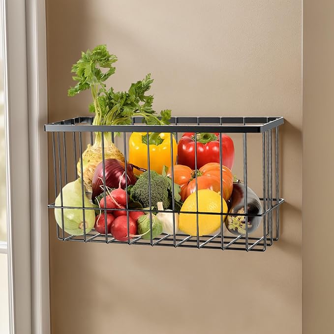 3 Pcs Adhesive Refrigerator Organizer Baskets Metal Shelf Rack and Adhesive Holder with 2 Types of Installation for Storage in Kitchen, Bathroom, Office, or Laundry (Black)