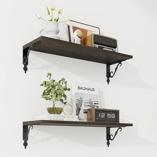 RICHFOCUS Floating Shelves for Wall Decor, 24Inch Shelves Set of 2, 24W x 8D Black Floating Shelves Wall Mounted with Metal Brackets, Rustic Wood Shelves for Living Room Bedroom Kitchen