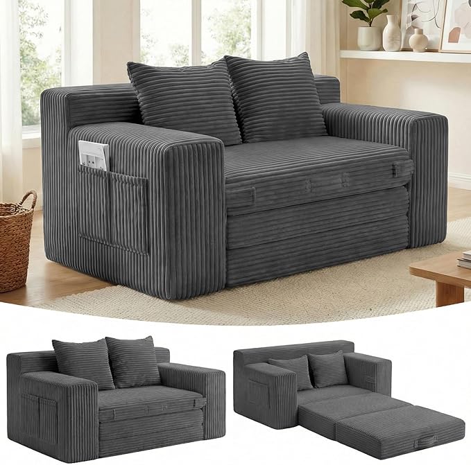 Boneless Loveseat Sleeper Sofa Bed: 3-in-1 Convertible Sofa Bed with Side Pockets & Handle,Pull Out Couch with 2 Pillows,Folding Futon for Small Space,Living Room & Bedroom,Corduroy Fabric,No Assembly