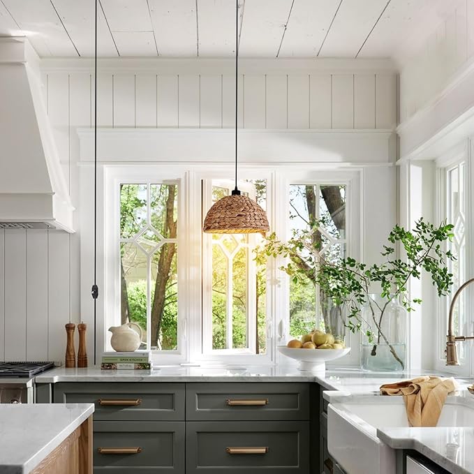 HuisMier Rattan Plug in Pendant Light with 15 Ft Plug in Cord, Hand Woven Lampshade Boho Hanging Lamp with Dimmable Switch, Farmhouse Rattan Pendant Light for Dining Room Bedroom Kitchen