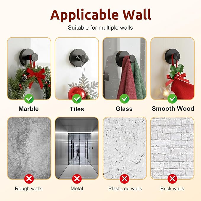 4 Packs Suction Cup Hooks for Shower, Heavy-Duty Wreath Hangers for Front Door, No Drill Glass Door Wreath Hanger Hook No Damage for Walls Bathroom Kitchen Window Mirror Tiles Towel Coat Robe Loofah