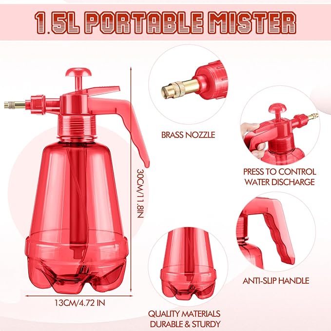2 Pcs 1.5 Liter Misters Spray Pump Bottle with Full Neoprene Jacket and Built in Carrying Strap Garden Plant Mister Spray Bottle for Spring Personal Cooling Plants Watering (Red)