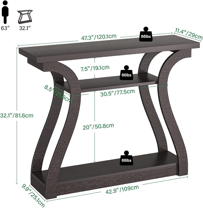 Wooden Console Table with Curved Legs and Shelf, 3-Tier Modern Accent Sofa Table for Entrance Area, Living Room, Hallway 47 in Wide (Brown)