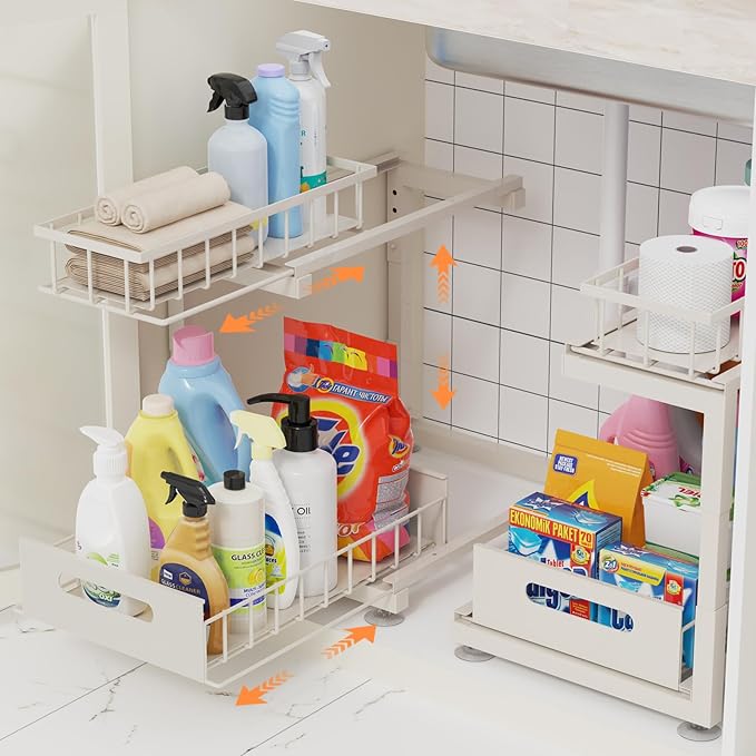 Under Sink Organizer, Heavy Duty Metal Slide Out Sink Shelf Organizer Height Adjustable, Multi-Purpose Storage Shelf for Kitchen Bathroom (Sand,2Pack)