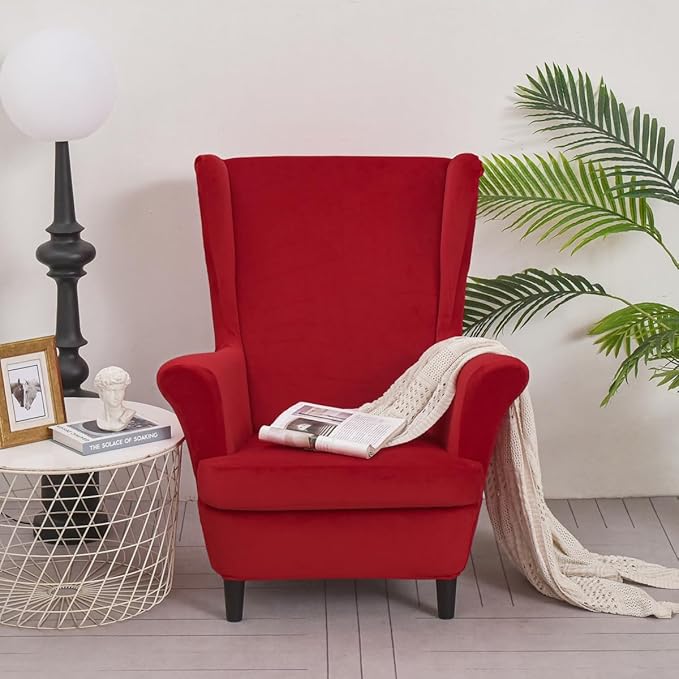 OBCREAT Wingback Chair Covers 2 Piece Stretch Velvet Wingback Chair Slipcover Soft Wing Chair Sofa Covers with Elastic Bottom,Armchair Couch Cover Furniture Protector for Living Room (Red)