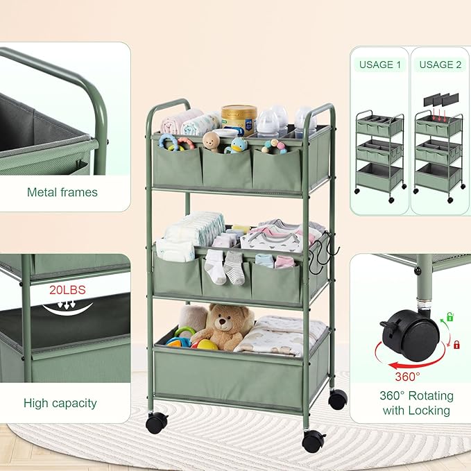 WILLBOND 3 Tier Green Baby Diaper Caddy Organizer Cart with 4+3 Dividers Large Capacity Metal Utility Bedside Rolling Cart Newborn Registry Nursery Essential Must Have Crib Bedroom Baby Shower
